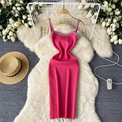 Sexy Rhinestone Slim Knit Dress Chic Vintage Evening Party Club Women Chic Vintage Summer A-line Dresses