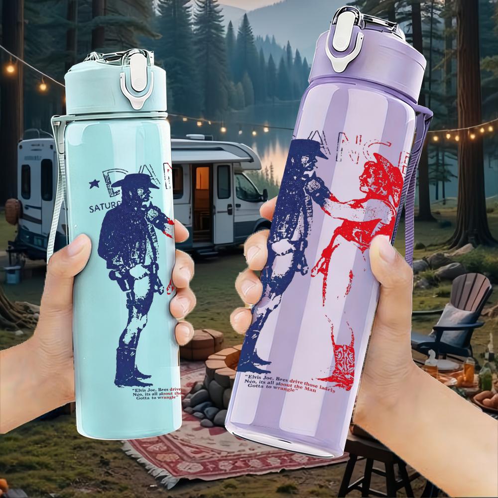 1PC Red blue split male figure band print 750ml colorful plastic sports water bottle leakproof pop up lid with straw for outdoor work home use