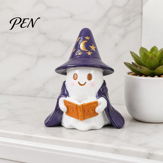 Spooky Home Decor Lighted Ghost Figurine, Resin Wizard Statue with LED Light, Cute Holiday Figurine Reading Book Night Light for Halloween Desktop