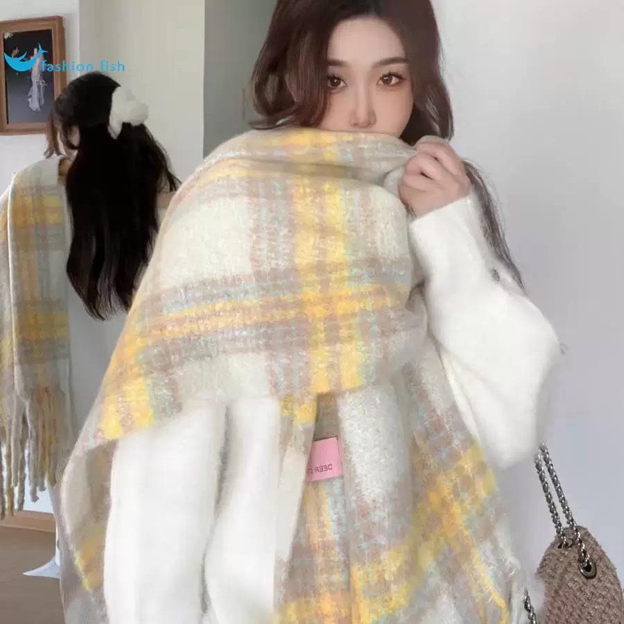 2026 Women s Cream Yellow Brushed Wool Plaid Scarf - Thick, Warm & Versatile for Autumn/Winter