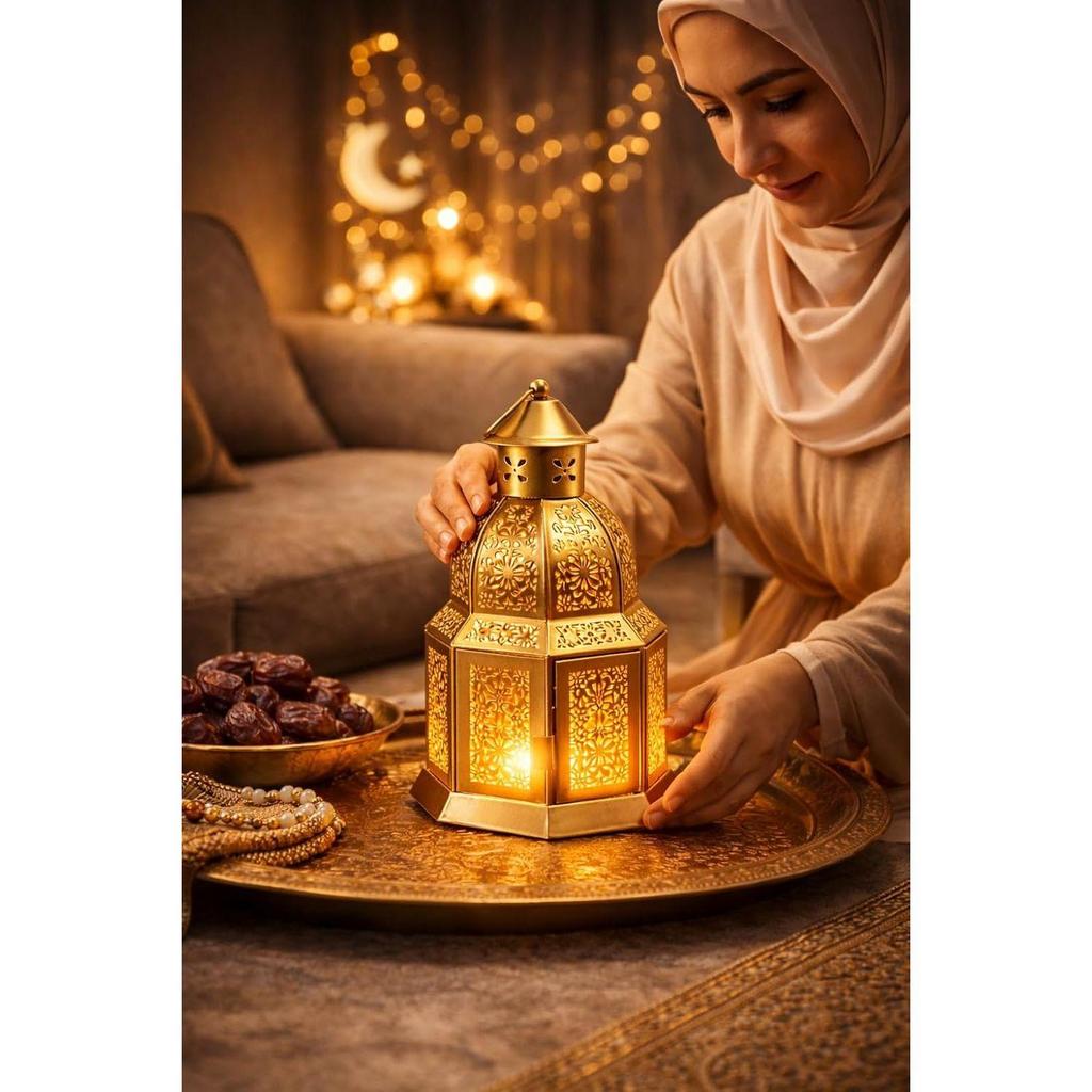 Gold Metal Moroccan Lantern with Cutwork (25 cm) + Tealight Included | Hanging Decorative