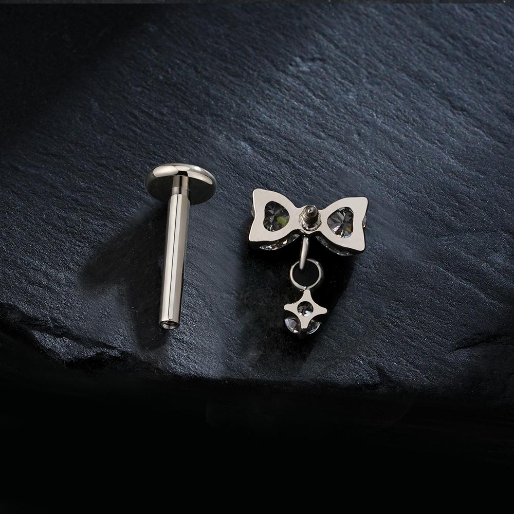 Right Grand ASTM F136 Titanium Bow Dangle CZ Piercing Labret Stud 16G Flat Back Helix Tragus Cartilage Earring Bridal Jewelry
