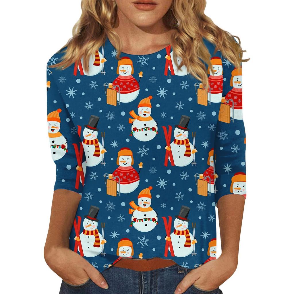Spring and Autumn Round Neck Christmas Themed Pattern 3D Printed Top Fashionable Casual Long Sleeved Women's T-shirts