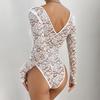 Women Bodysuit Flower Embroidery Lace Elastic Deep V Neck See-through Long Sleeve Solid Color Slim Fit Soft Breathable Spring Playsuit