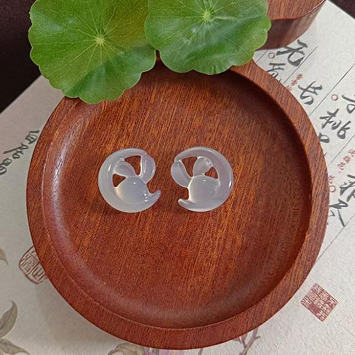 Natural White Chalcedony Moon Rabbit 3D Pendant - Ice Style