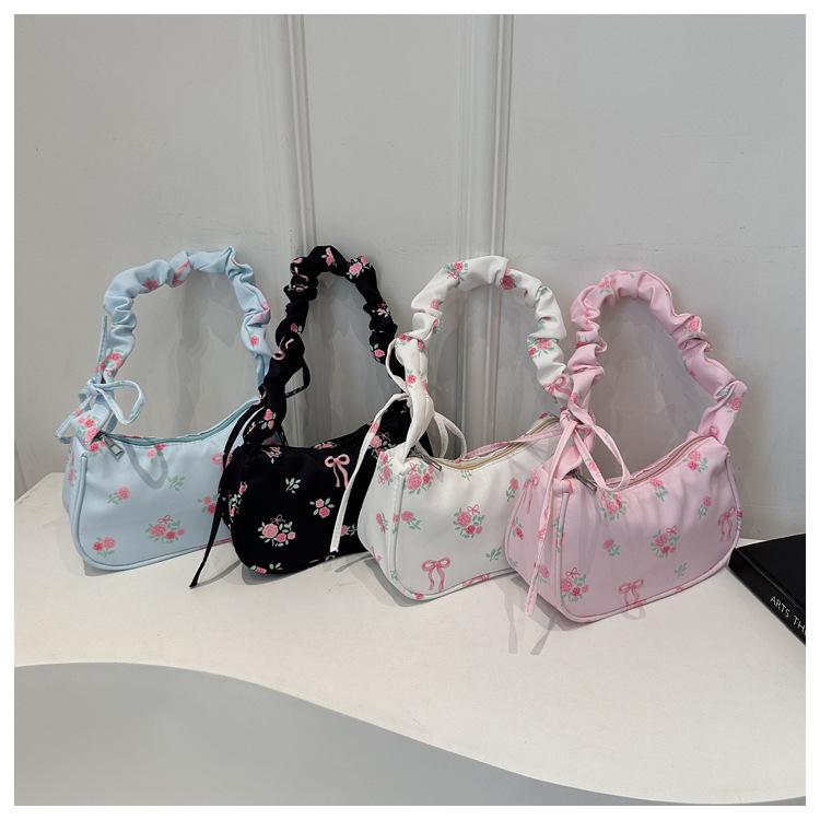 Women's Floral Print Drawstring Nylon Shoulder Bag, Sweet Style Bowknot Single Strap Handbag, Korean Fashion Casual Crossbody Purse