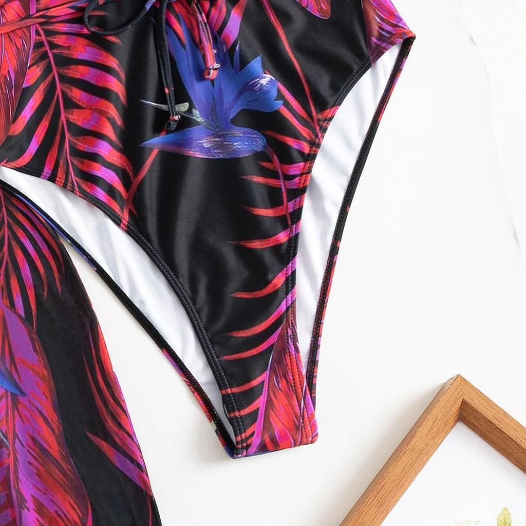 Swimsuit Women's Sexy One Piece Printing Deep V Neck Lace Up Blouse Bikini Sets