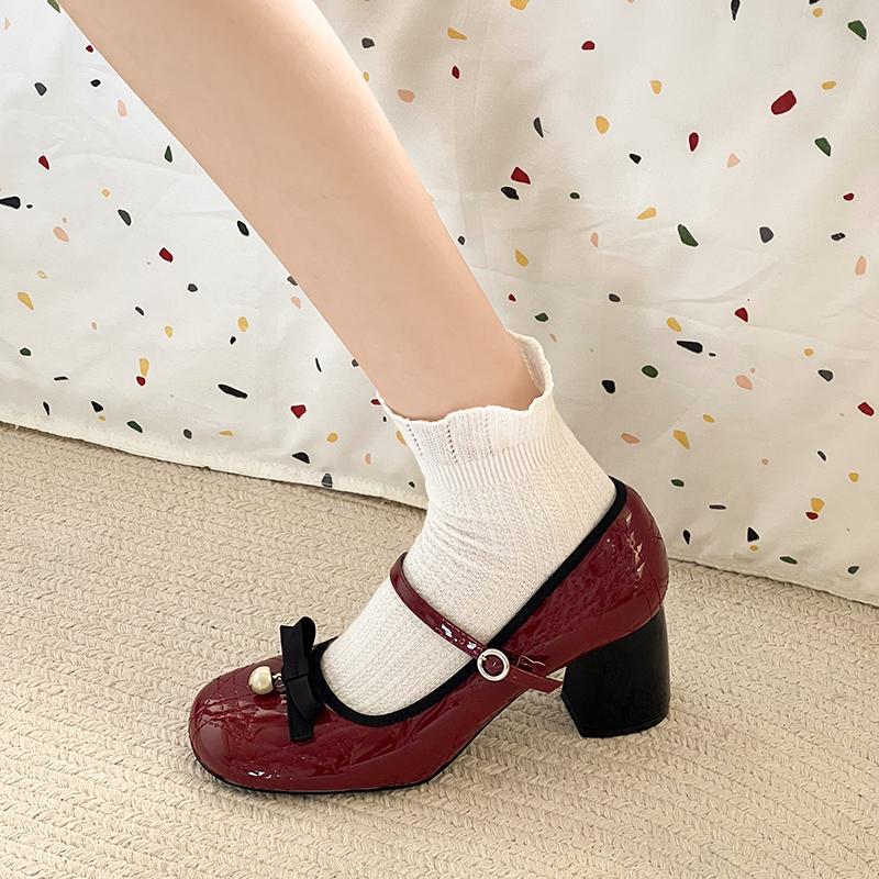Fashion Spring New Coarse Heel Single Shoes Women Round Head Shallow Mouth Butterfly Knot Line with Anti-slip Wear-resistant High Heels
