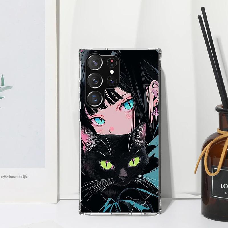 Anime Girls Cute Black Cat Phone Case For Samsung Galaxy S26 S25 Edge S24 FE S23 S22 Ultra S21 Plus S20 + Art Fundas Back Cover