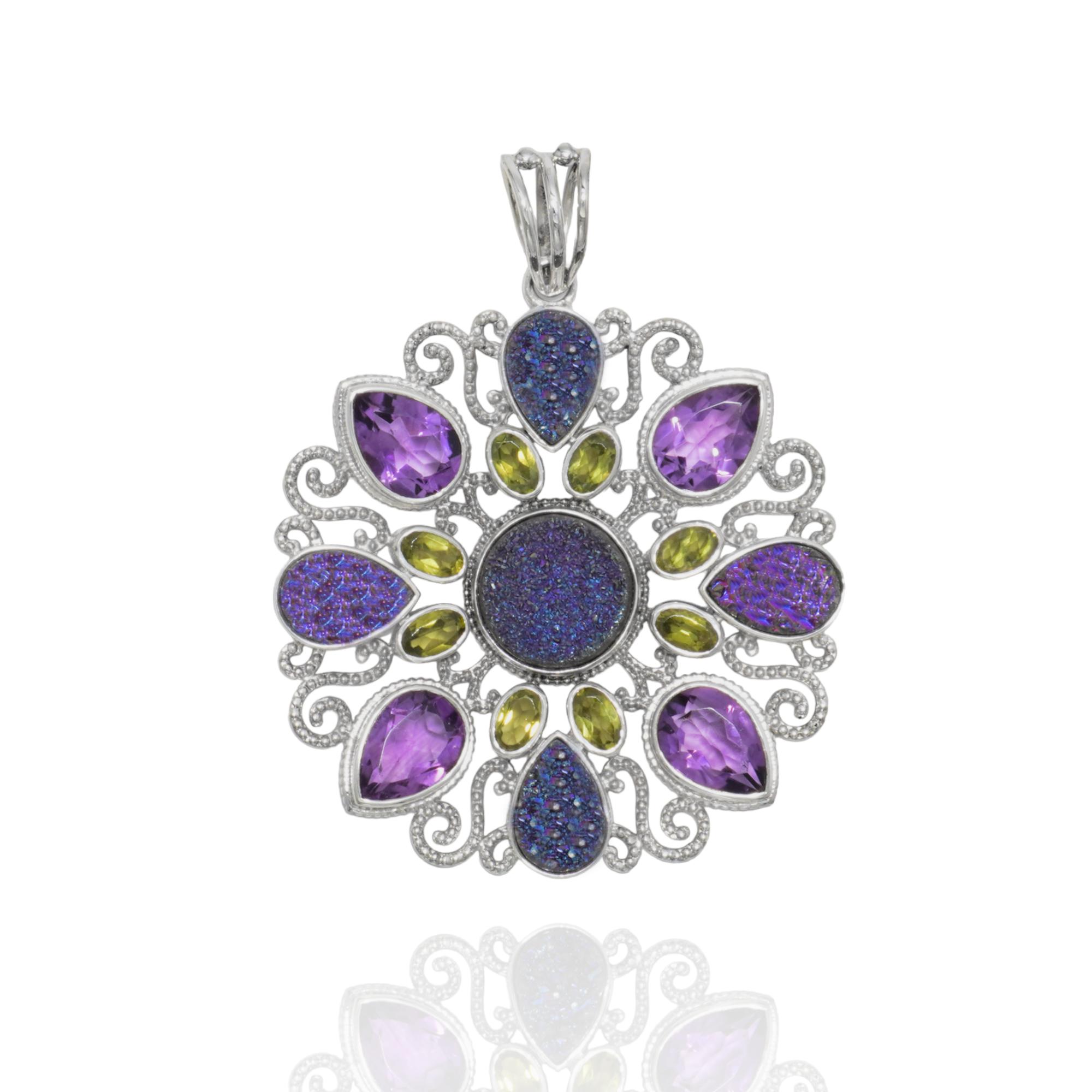 

Amethyst, Peridot & Blue Druzy pendant, women s pendant, multi stone pendant, flower pendant, gift for her