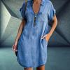 Women Dress Turn Down Collar Short Sleeves Pockets Zipper Loose Knee-length Dress