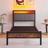 90x200cm bed frame with LED lights, storage headboard with USB charging, heavy duty metal slat support, noise-free, assembly, no box spring required