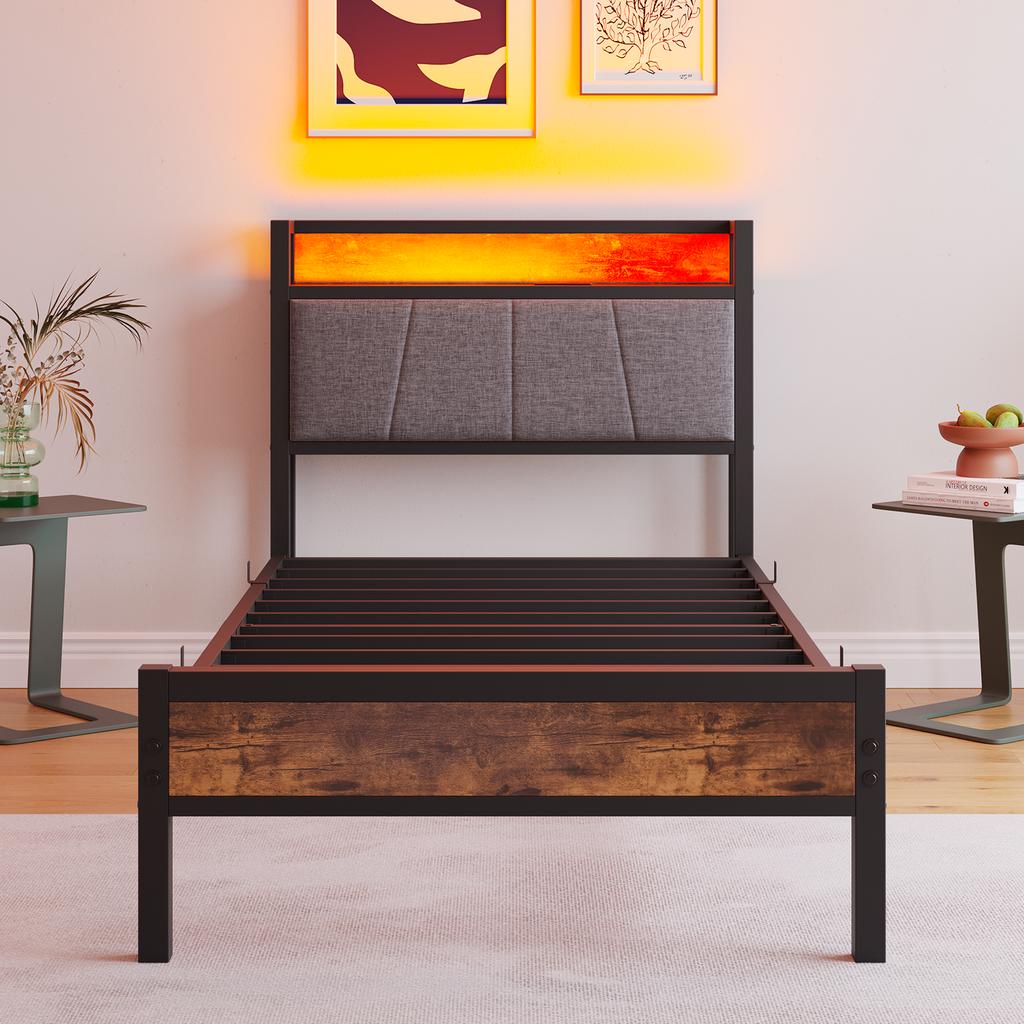 90x200cm bed frame with LED lights, storage headboard with USB charging, heavy duty metal slat support, noise-free, assembly, no box spring required