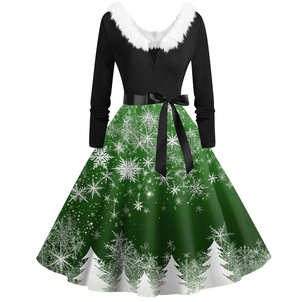 Women's Fashion V-Neck Casual Slim Christmas Printed Long Sleeve Hair Collar Dresses