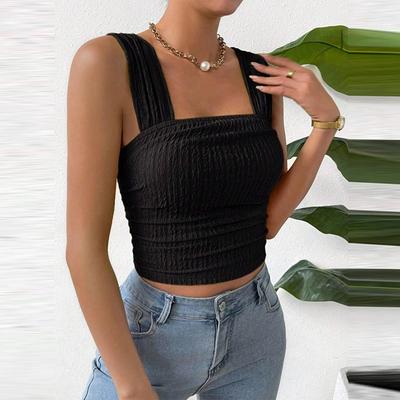 Women's Fashion Solid Color Sleeveless Open Navel Square Neck Shoulder Strap Tank Top