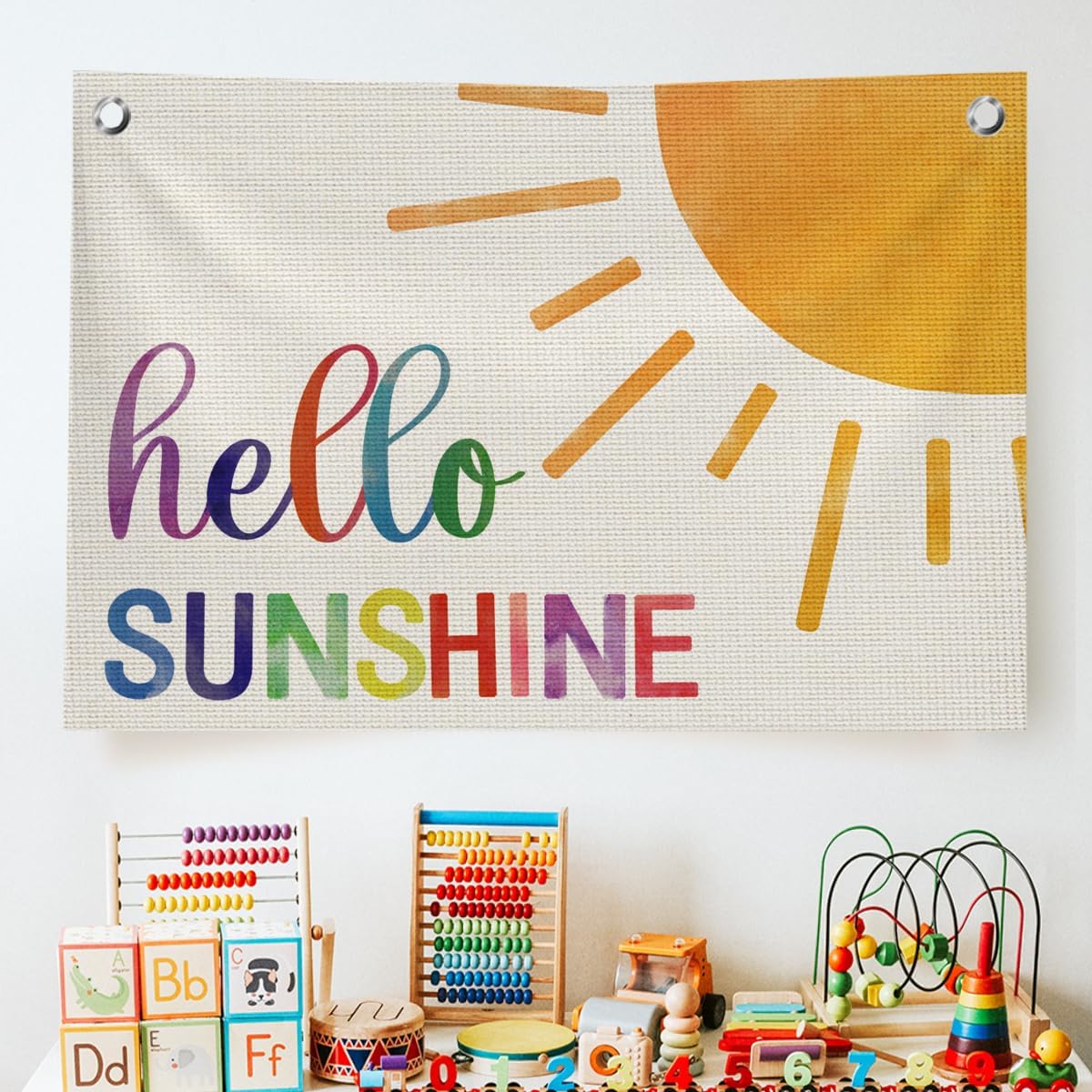 Colorful Hello Sunshine Wall Decor Flags for Bedroom, Farmhouse pirational Canvas Hanging Banner Decor, Colorful Sun Wall Flags with 2 Brass Grommets