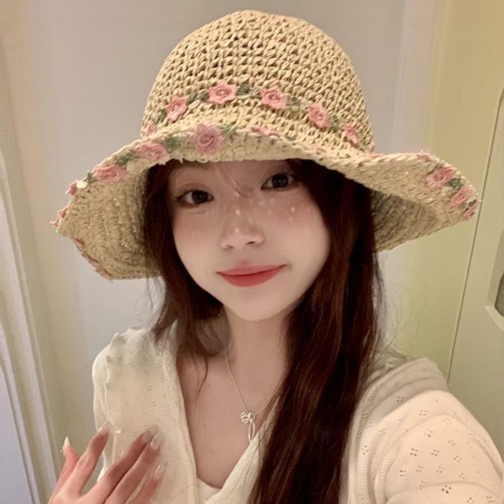 Solid Color Women Visor Bucket Hat Large Brim Beach Hat Fashion Flower Straw Hat  Seaside Vacation