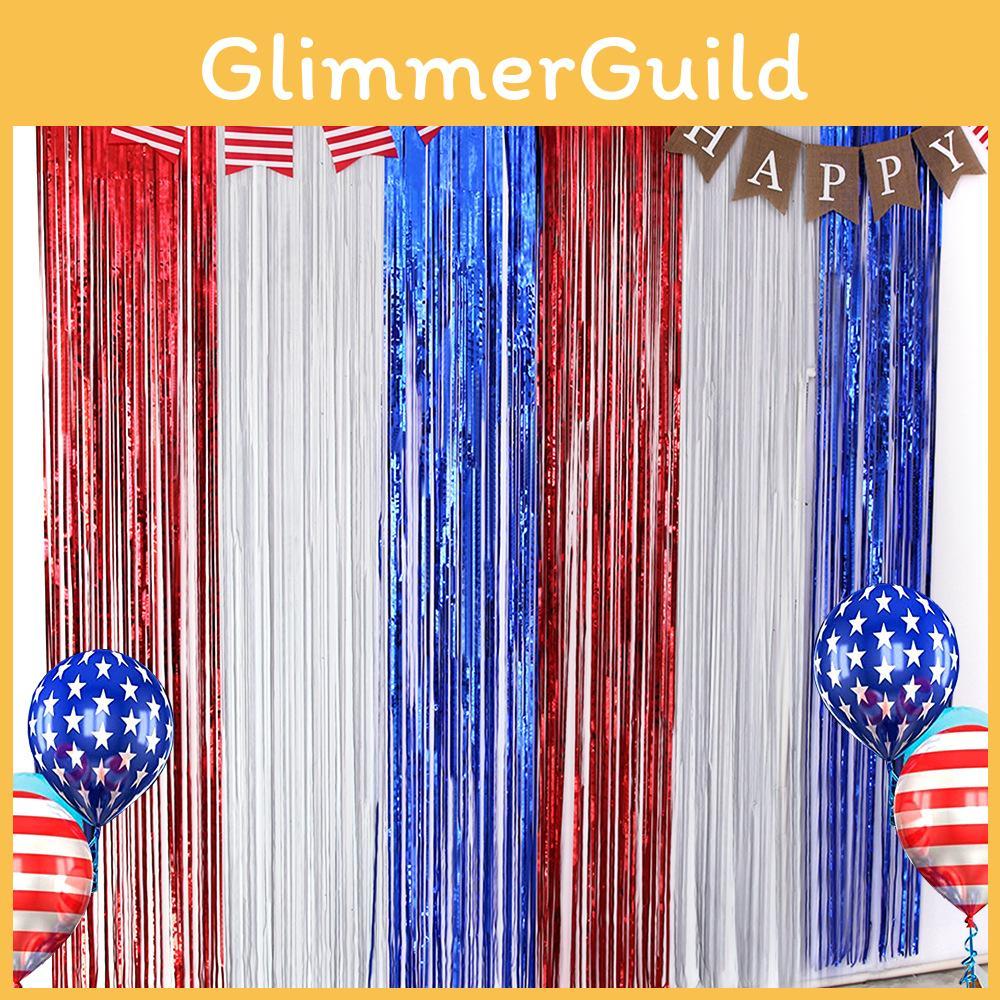Festive Red Silver And Blue Foil Tinsel Curtain For Independence Day Celebration
