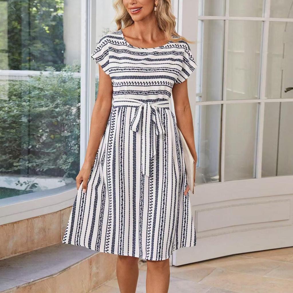 Women's Dresses Vintage Irregular Striped Belted Sleeveless Dresses