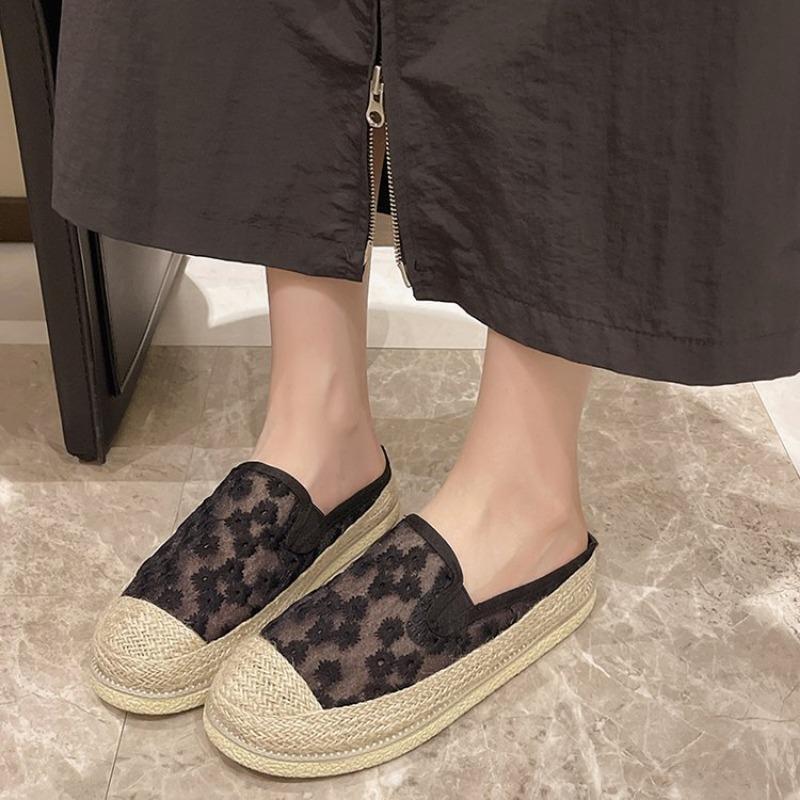 Fashion Slippers Women Summer Cover Toe Shoes Platform Pantofle Slides Low 2025 Cotton Fabric Fisherman Rome Rubber Hoof Heels Shoes Low