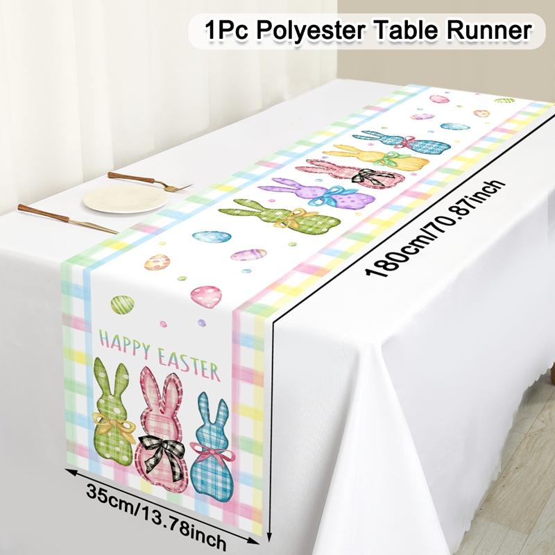 Vintage Easter Bunny Table Runner Polyester Rabbit Eggs Flower Table Flag Easter Decorations For Home Kitchen Dining Table Decor