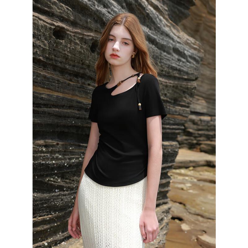 Sancai New Chinese Style Beaded Short Sleeve T-Shirt S