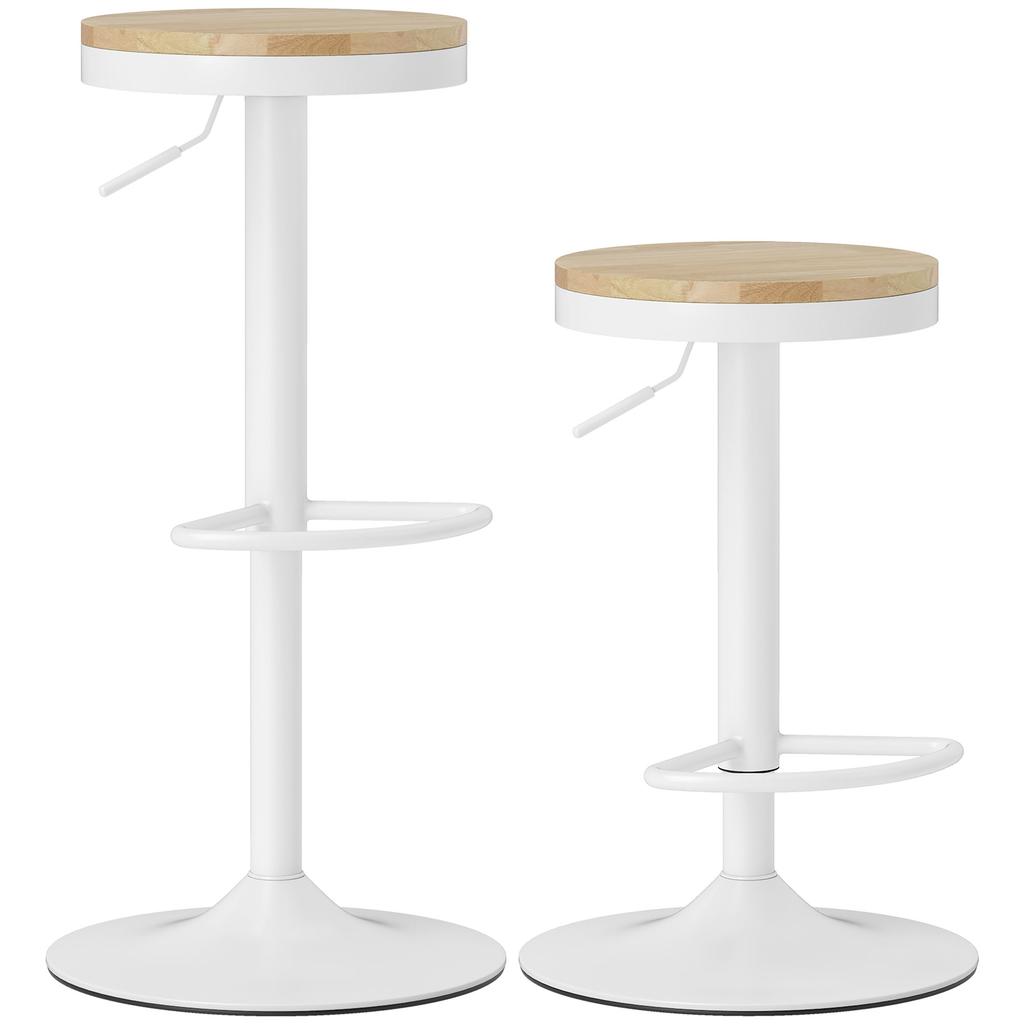 Bar Stool Set of 2, Height-Adjustable 360 degrees Swivel Bar Stool with Steel Frame Footrest 38.5x38.5x60-80 cm Natural Wood+White