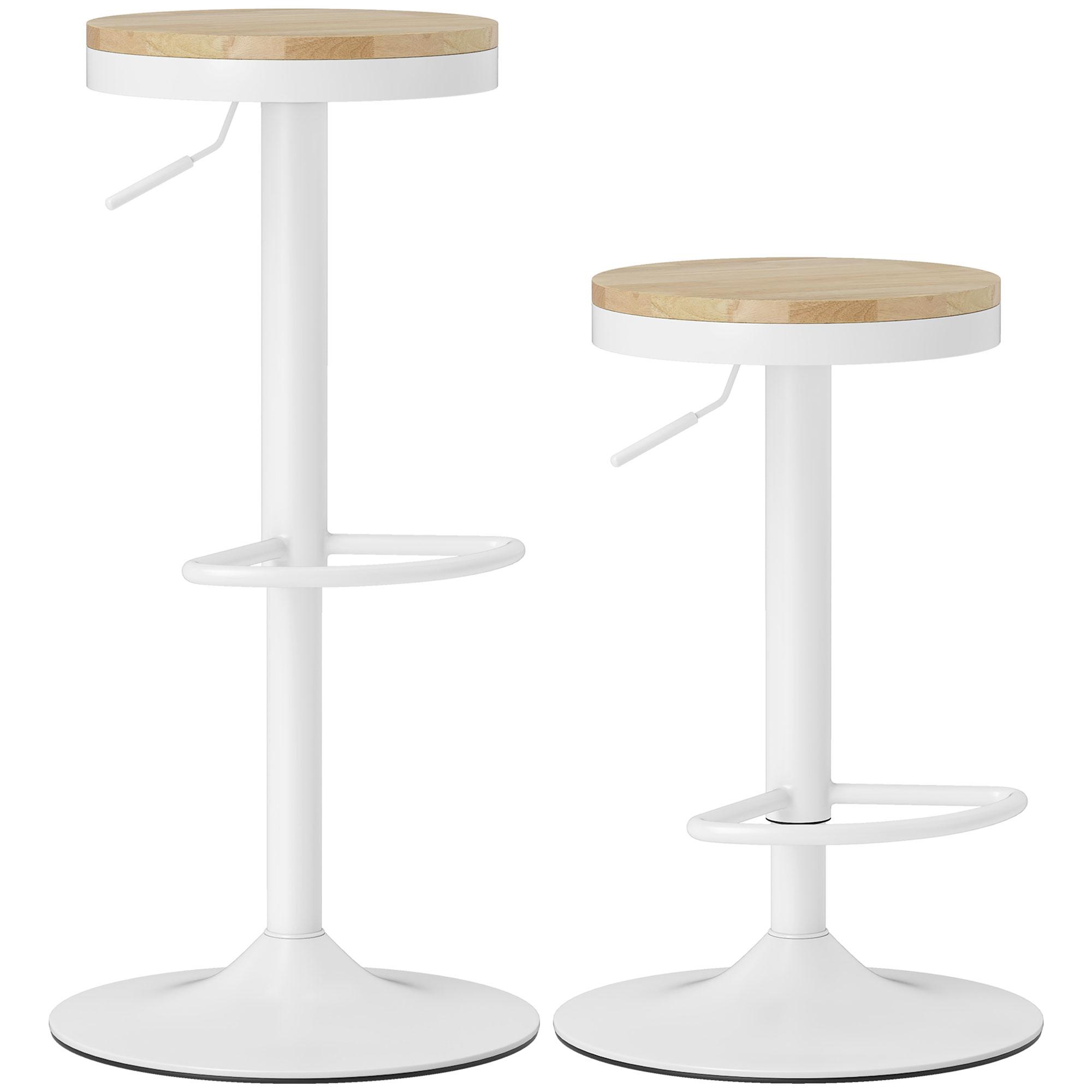 Bárszék Készlet 2 db, Állítható Magasságú 360 fokban Elforgatható Bárszék Acél Kerettel Lábzsámoly 38,5x38,5x60-80 cm Natúr Fa+Fehér 38.5 x 38.5 x 80 cm