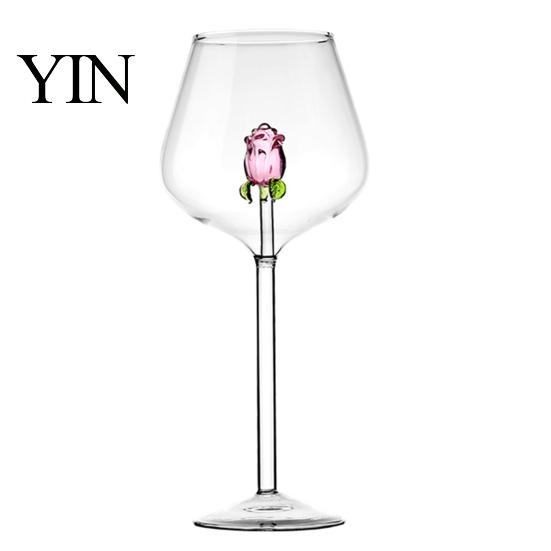 Rose Decorated Goblet Red Wine Glass with Roses And Green Leaves Decorated, Clear Romantic Cups Decorative Glass, Elegant Crystal for Dinners Parties