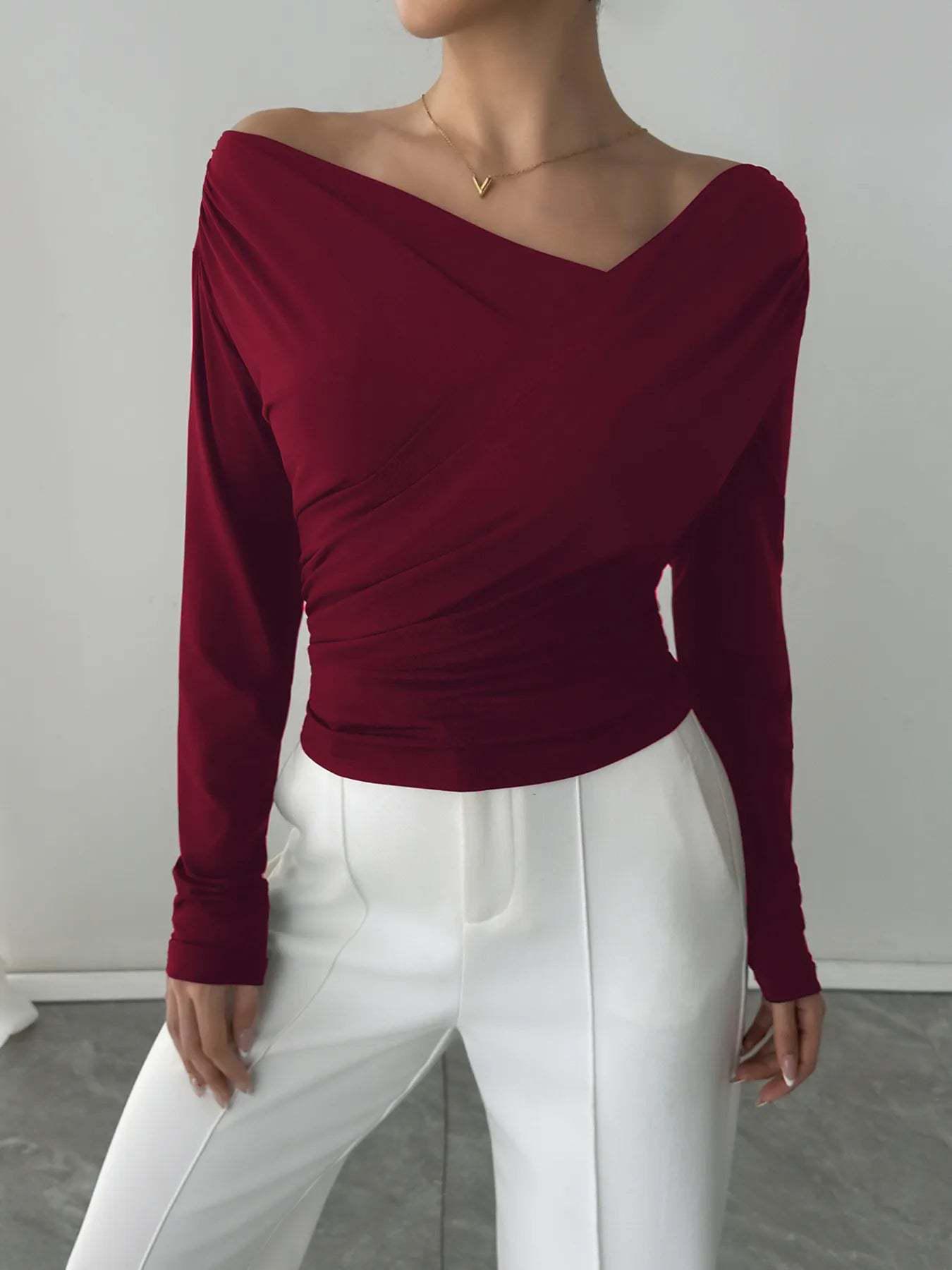 

European & American Korean-Style Cross Neck Long Sleeve Top: Slimming Casual Solid Color for Spring & Autumn. Large темно-красного