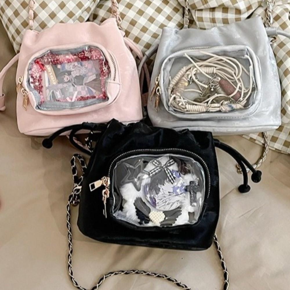 Cute Handbag Transparent Pocket Itabag Shoulder Bag Purse Drawstring Bucket Bag Solid Color Korean Style Crossbody Bag Student