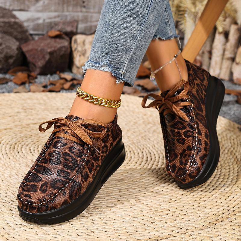Fashion Sexy Leopard Lace Up Loafer Women 2025 Autumn Round Toe Chunky Platform Wedge Heel Casual Shoes Comfort Thick Bottom Sneakers