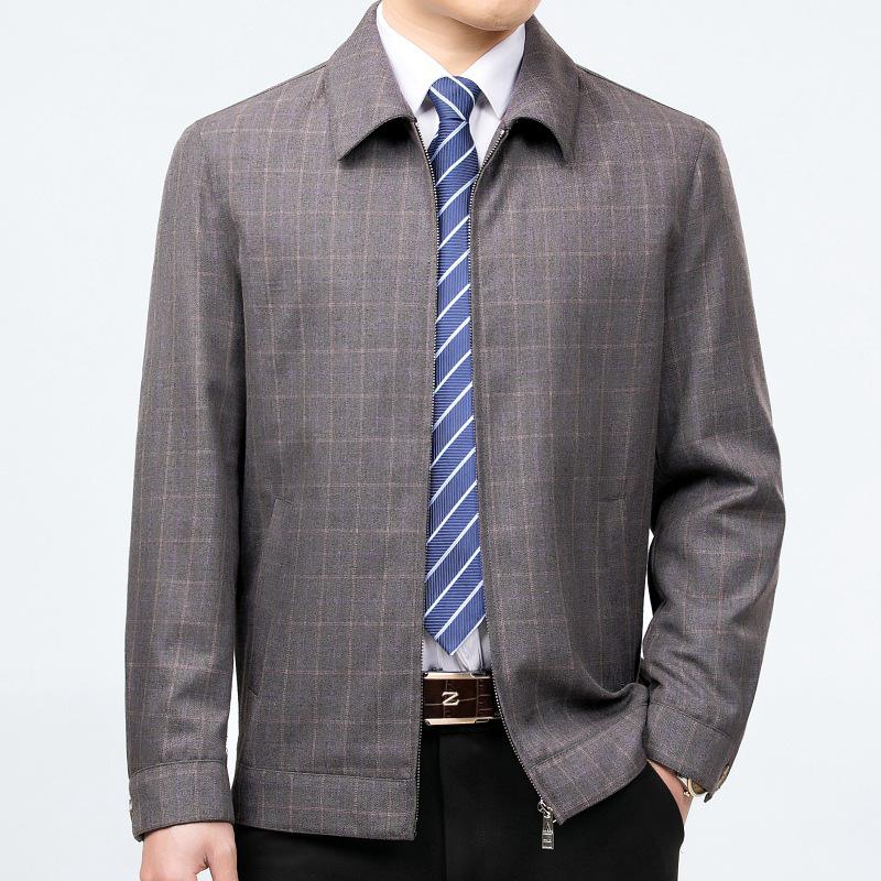 Spring & Autumn Plaid Wool Jacket for Middle-aged & Elderly Men - Casual Lapel Thin Style Dad Outerwear