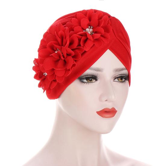 Three Flower Decal Design Turban Hat Elastic Hijab Cap Hair Loss Cover Headwear