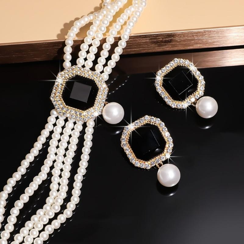 Pack Of 1 Set Elegant Multilayer Faux Pearls And Geometric Crystal Necklace and Earrings Set For Women Lady