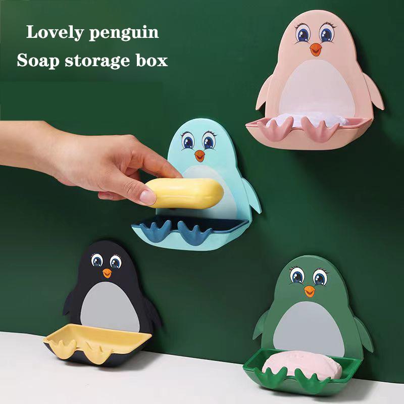 Bathroom Household Perforated Little Penguin Drain Toilet Soap Box Wall Mounted Soap Dish Toilet Suction Cup Storage Soap Box