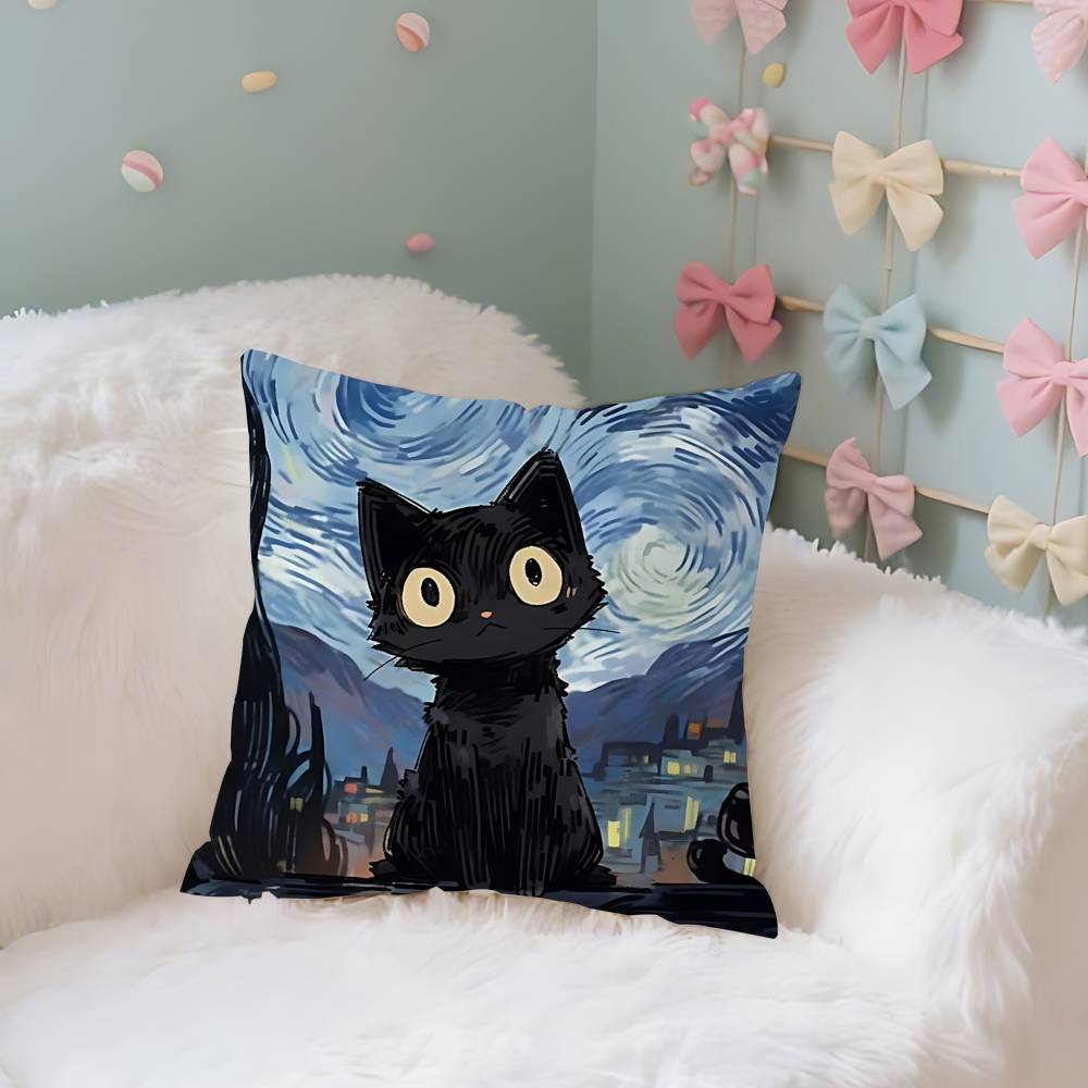 Cute Black Cat Case Plush Fabric Soft Pillowcase Double Sided Print Cushion Cover Household Gifts