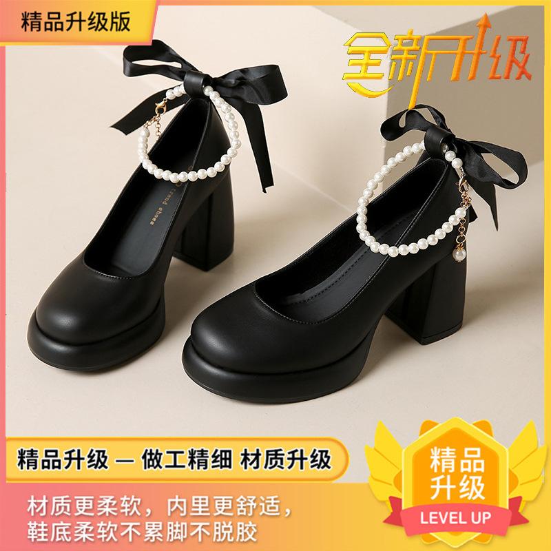

Туфли Мэри Джейн женские 2025 весна новая бант жемчуг ремешок на подъеме высокий каблук толстый каблук одинарные туфли 38