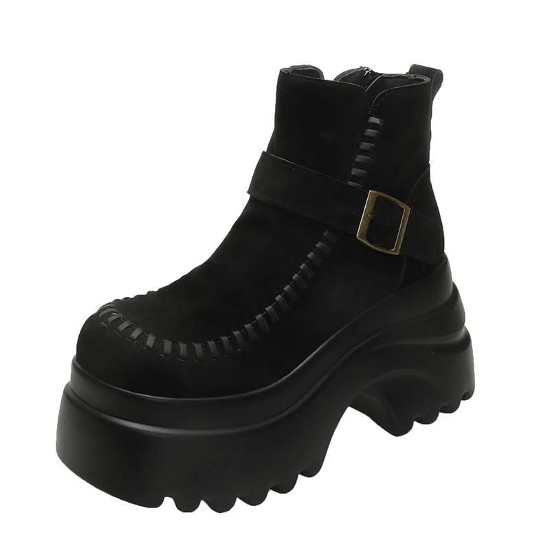 Designer Hohe Plateau Stiefeletten Damen Wildleder Lederschuhe Damen Herbst Winter Schneestiefel Trend Gehen Botas Mujer 9,5CM