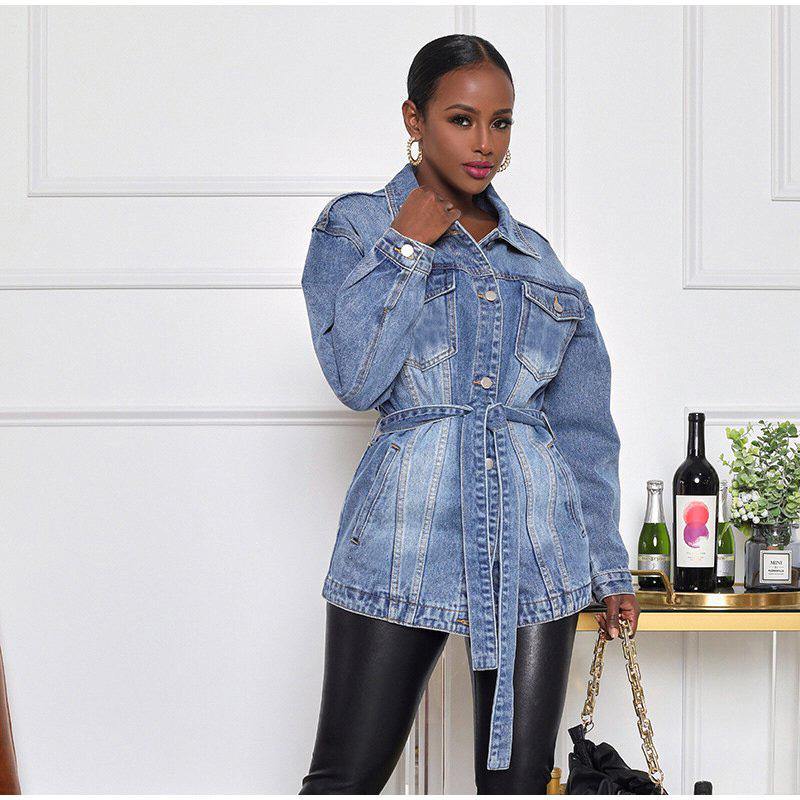 Elegant Lapel Denim Jacket with Belt Women Solid Color Long Sleeve Button Fake Pocket Loose Jacket 2025 Fashion Street Outwear