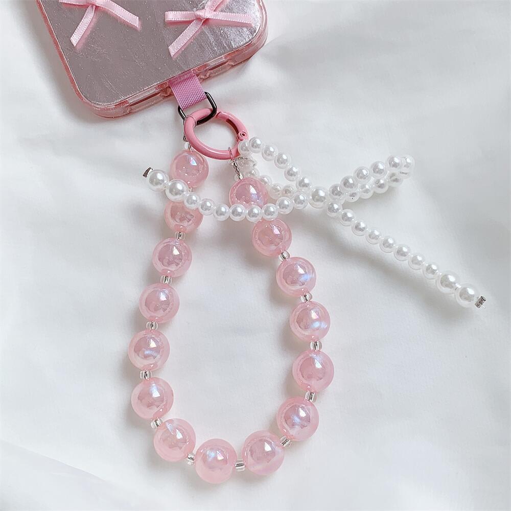 Pink Beaded Bow Keychain Mobile Phone Chain Earphone Bag Anti-Lost Rope Car Keychain Girls Fashion Backpack Pendant Accessories
