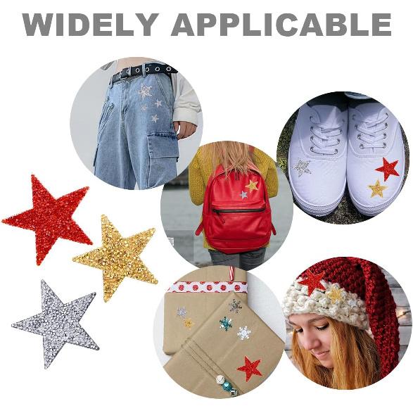 27 Pieces Rhinestone Star Patches for DIY, 4 Sizes Iron On Adhesive Glitter Star Appliques for Clothing Repair and Decoration (Gold, Silver, Red,