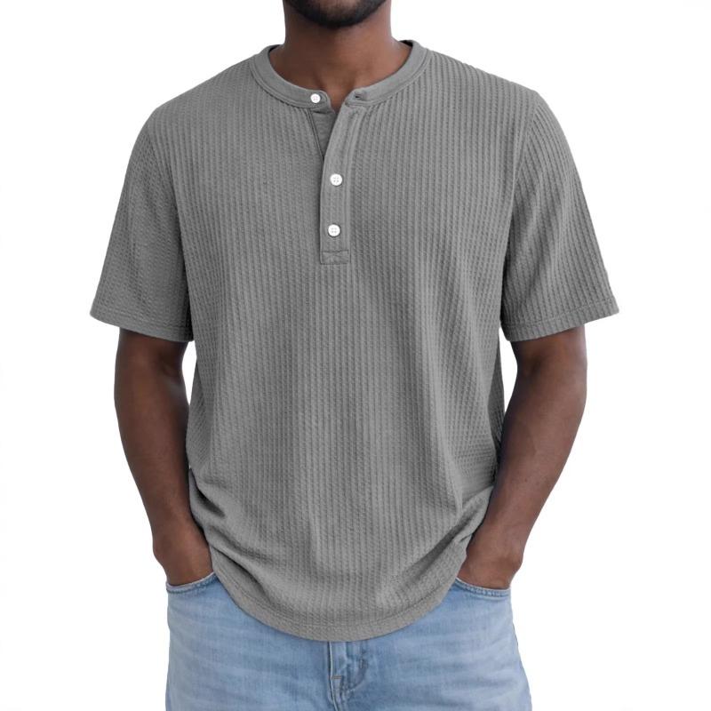 Men Waffle Henley T Shirt Short Sleeve Casual Button Up Solid Color Top S серый