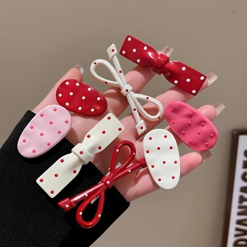 6/8pcs Sweet and Playful Angora Red Bow Hair Clip Set with Simple Bangs and Side Hair Clips Versatile As Girl's Heart Accessory