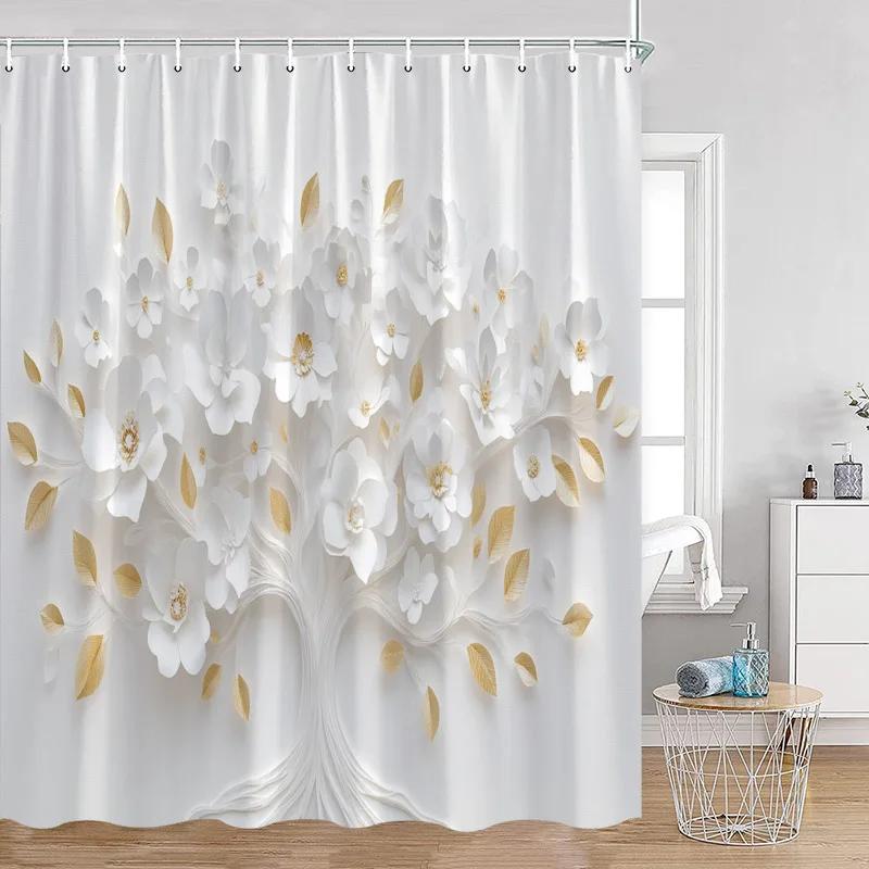 Luxury Gold White Floral Shower Curtain Rose Butterfly Cherry Blossom Modern Art Flower Polyester Fabric Bathroom Curtains Decor