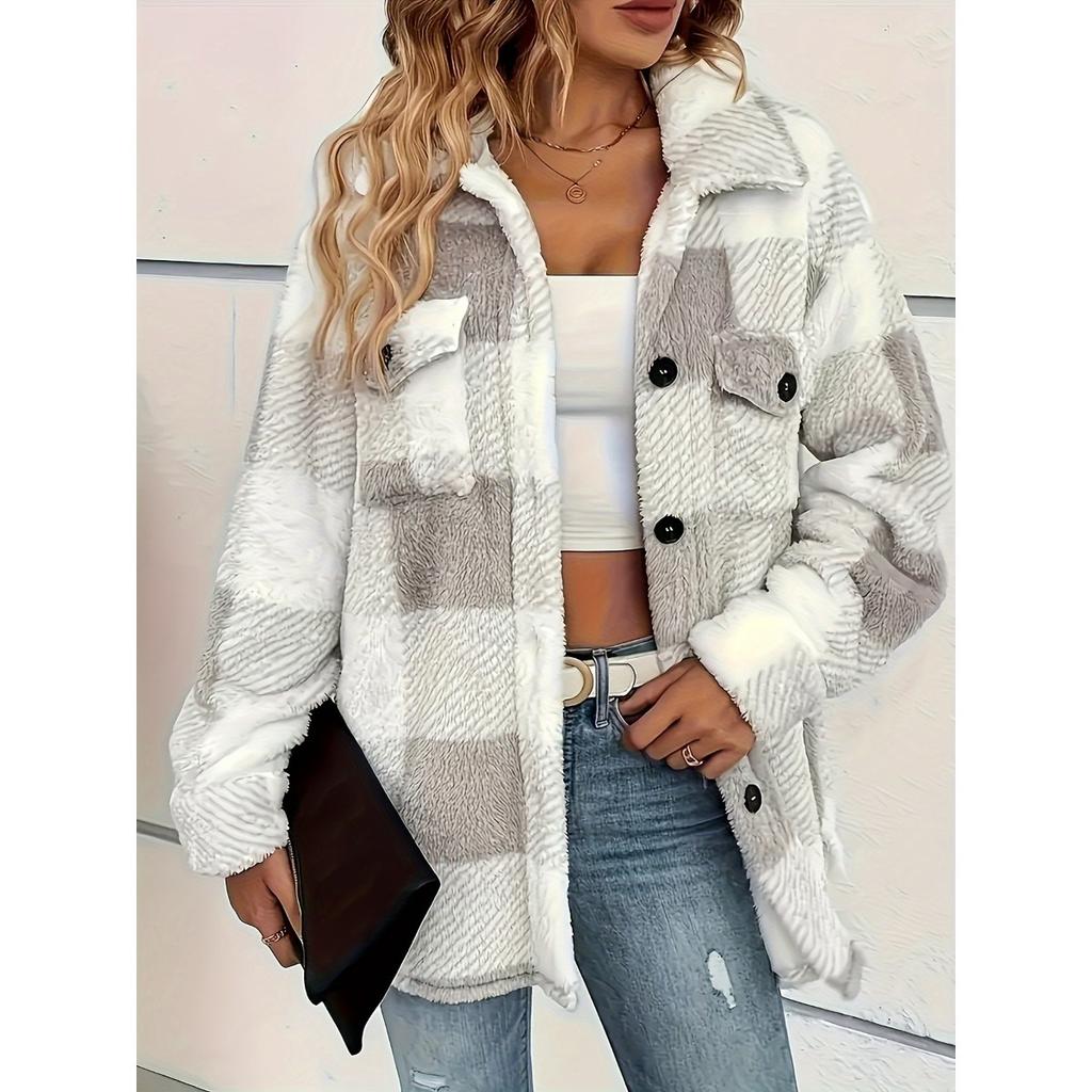 Ladies' Plush Fleece Winter Coat - Grid High Stretch Coat, Middle Eastern Elegant Collection, Machine Washable for Autumn and Winter