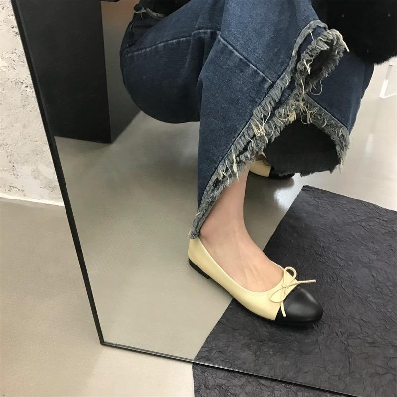 Fashion Women's Fashion Flat Shoes Spring New Round Head Shallow Mouth Splicing Butterfly Knot Soft Sole Non-slip Single Shoes