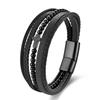 Black Leather Rope Cowhide Men's Double Layer, Genuine Leather Woven Bracelet Handmade Multilayer Leather Bracelet