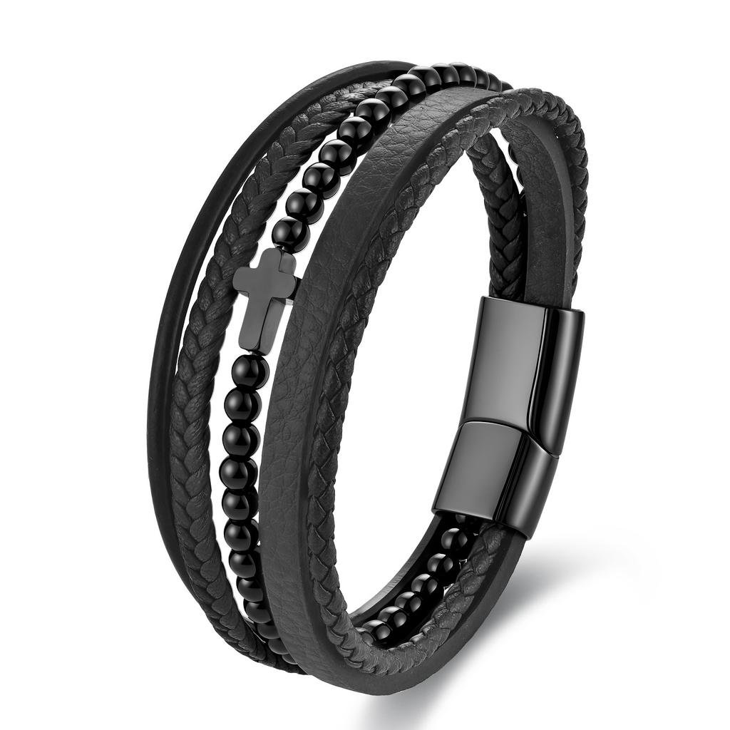 Black Leather Rope Cowhide Men's Double Layer, Genuine Leather Woven Bracelet Handmade Multilayer Leather Bracelet