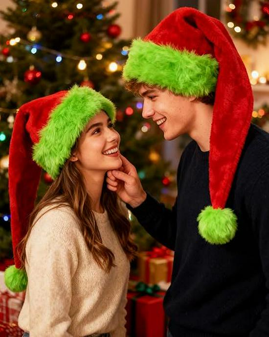 75cm Red Plush Christmas Hat with Green Edge - Adult Festive Decoration